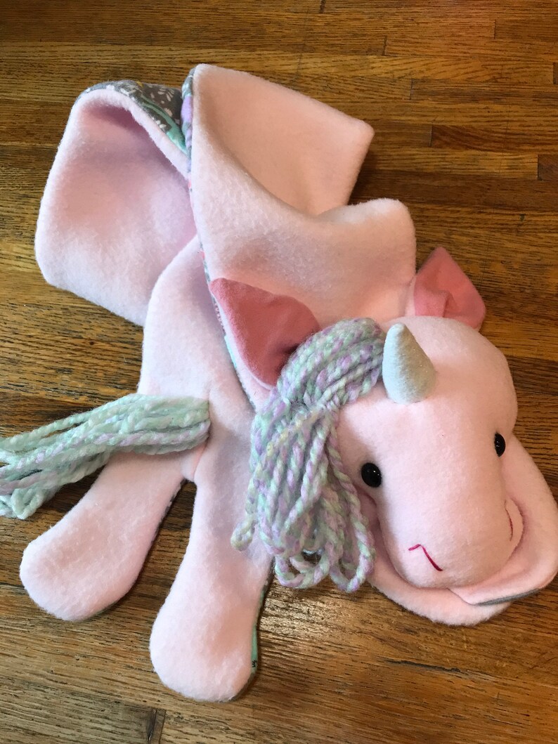 Pastel Light Pink Unicorn Scarf, Short or X-Long Unicorn Stuffed Animal Scarf Kids or Adults, Pink with Magical Rainbow Hair & Glitter Horn image 7