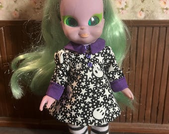 Emerald the Witch, abito mod retrò a trapezio con teschi e stelle, abito da bambola gotico spettrale nero e viola a maniche lunghe