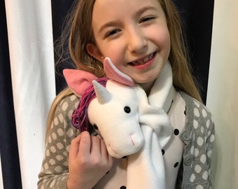 White Unicorn Scarf, Short or X-Long Unicorn Stuffed Animal Scarf for Kids or Adults, White with Magical Rainbow Hair and Glitter Horn