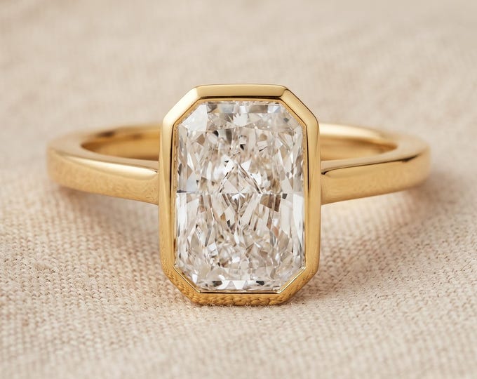 Featured listing image: Bezel Setting Radiant Moissanite Engagement Ring, 14K Yellow Gold Solitaire