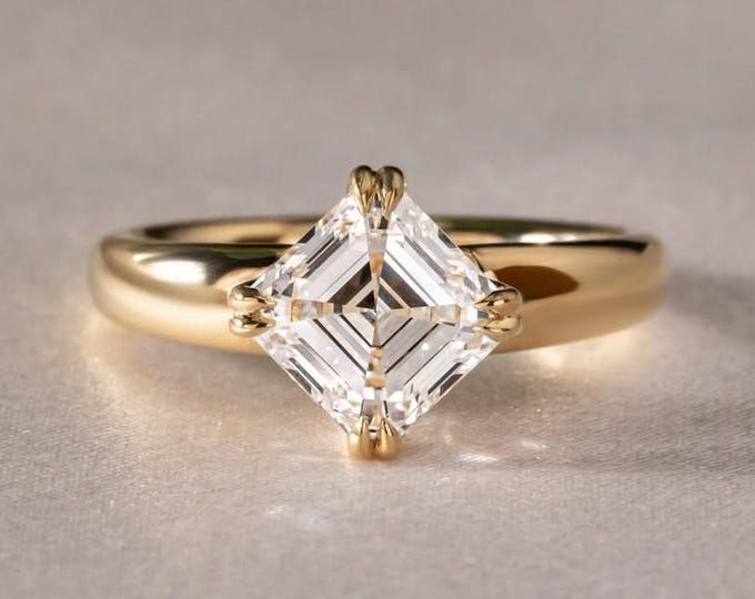 Featured listing image: 1ct Asscher Cut Moissanite Solitaire Ring: 14k Gold, Art Deco Style