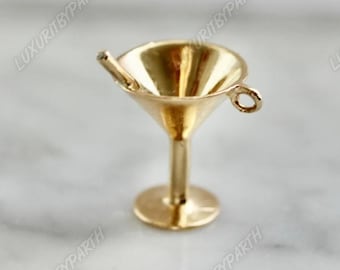Dijes vintage para copas de vino Martini de oro de 14 quilates con agitador de diamantes