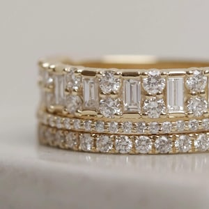14k Gold Moissanite Ring: Baguette & Round Stone Stackable Band