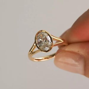 Bezel Set Oval Moissanite Engagement Ring, 14k Yellow Gold Solitaire