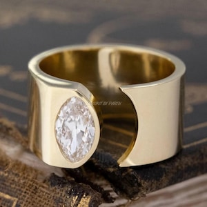 Vintage Gold Offene Zigarrenband, Marquise Schnitt Moissanit Diamant Band, Breite Band, Hochzeitsband, Perfekte Hochzeitsband Geschenke