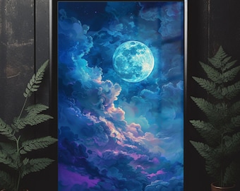 Moon Cloudscape Print Night Sky Wall Art Celestial Landscape Dreamy Decor