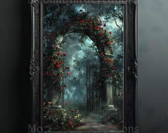 Rose Garden Arch Print Gothic Wall Art Dark Academia Floral Gate Decor