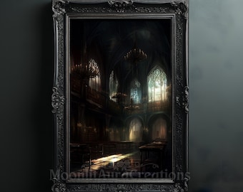 Gothic Cathedral Library Print | Gothic Wall Art | Dark Academia Decor | Vintage Haunted Scene | Ethereal Gothic Poster