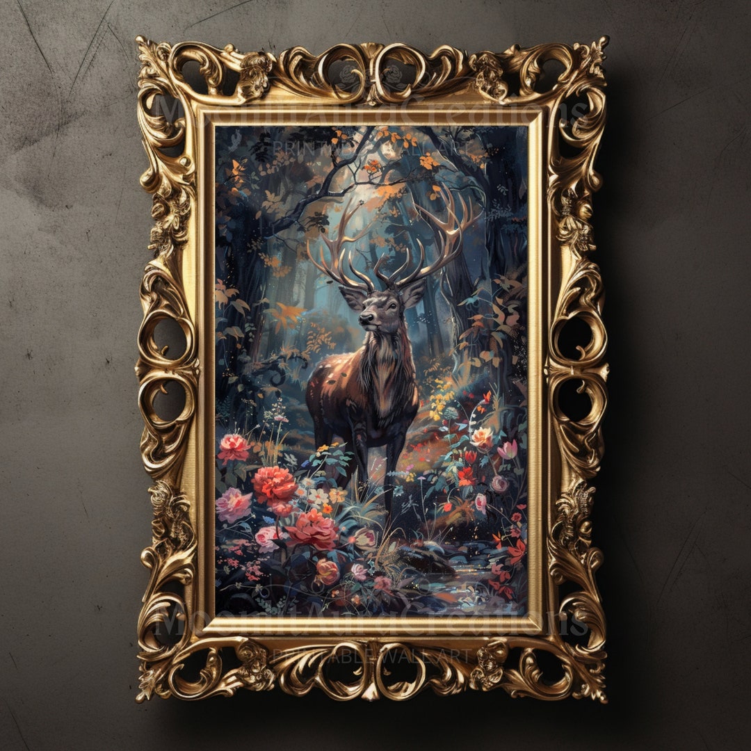Enchanted Deer in Floral Forest Print | Mystical Wall Art | Dark ...
