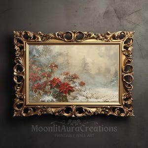 Winter Poinsettia Snowy Landscape Print | Christmas Cottagecore Wall Art | Festive Decor | Holiday Floral Scene | Vintage Winter Poster