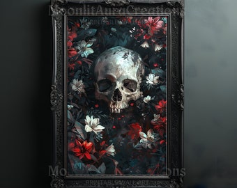 Arte mural gótico con estampado floral de calaveras, estilo Dark Academia, para imprimir.