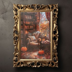 Acogedor rincón de lectura de otoño Impresión digital / Decoración de la Academia oscura / Arte gótico de la pared / Escena de Halloween vintage / Cartel de otoño / Cottagecore