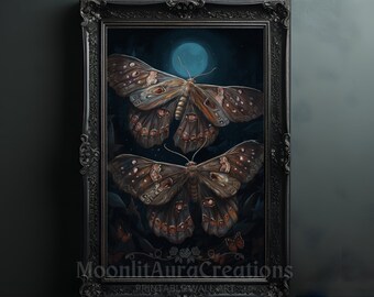 Puede incluir: Una impresión enmarcada de dos mariposas de color marrón oscuro y azul con una luna llena en el fondo. La impresión está sobre un fondo azul oscuro y tiene el texto "MoonlitAuraCreations" en la parte inferior.
