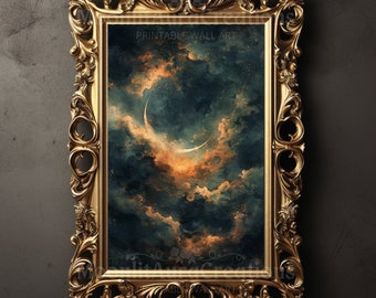 May include: A painting of a crescent moon in a dark blue sky with white clouds and stars. The painting is framed in a gold ornate frame. The text "PRINTABLE WALL ART" is at the top of the painting.