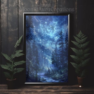 Mystische Nachthimmel und Waldfluss Szene | Gothic Wandkunst | Dark Academia Dekor | Vintage Verzauberte Landschaft | Ethereal Sternenhimmel Poster