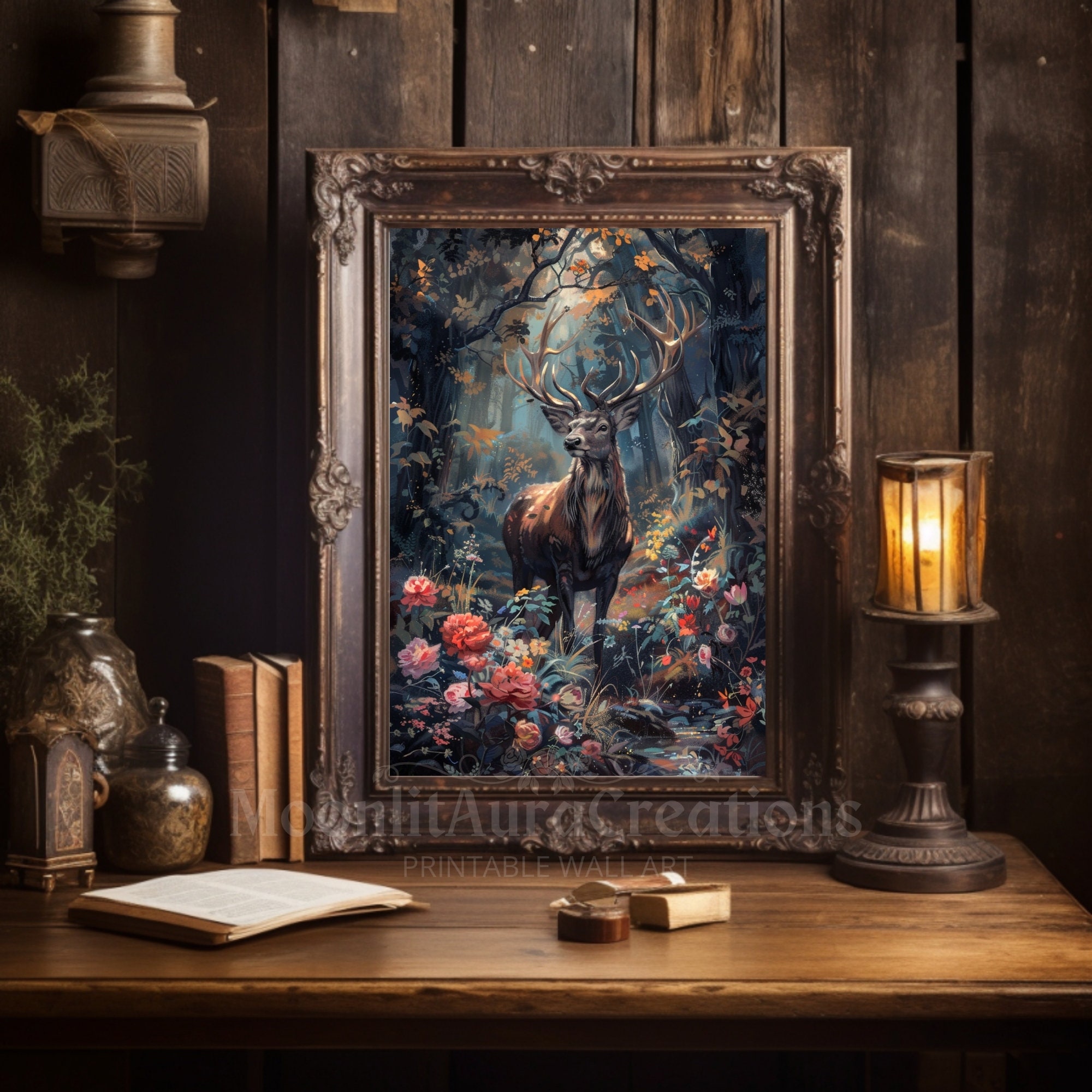 Enchanted Deer in Floral Forest Print | Mystical Wall Art | Dark ...