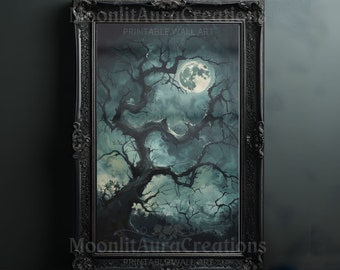 Moonlit Tree Silhouette Print Gothic Night Landscape Celestial Sky Printable Wall Art