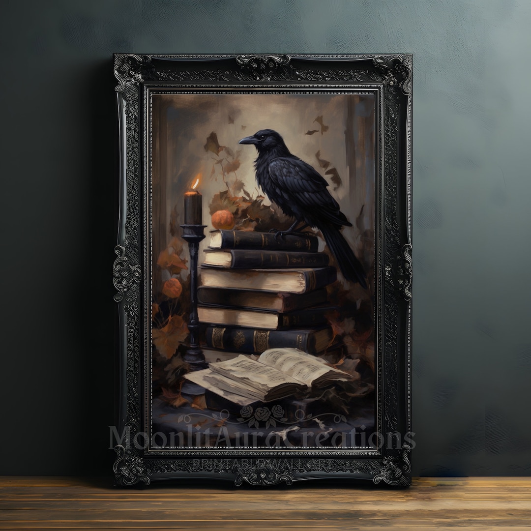 Gothic Raven and Vintage Books Print | Dark Academia Wall Art ...