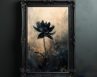 May include: A black flower with a dark background, framed in a black ornate frame. The flower is in focus, while the background is blurred.