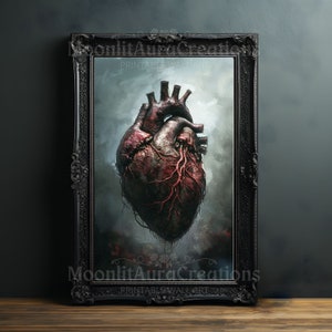 Puede incluir: Una pintura enmarcada de un corazón anatómico realista con un esquema de color rojo oscuro y gris. El corazón se representa con venas y arterias visibles, lo que le da un aspecto detallado e intrincado.