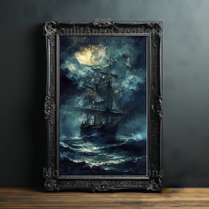 Geisterschiff im Mondsturm Kunstdruck | Gothic Nautische Wandkunst | Dark Academia Dekor | Vintage Spuk Ozean Szene | Ätherisches Maritimes Poster