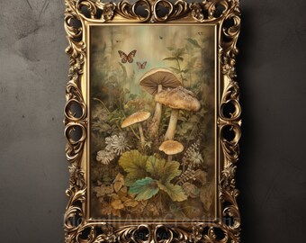 Mushroom Botanical Print Forest Illustration Cottagecore Nature Decor Vintage Style Printable Wall Art