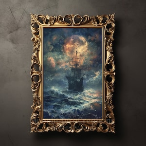 Enchanted Moonlit Ship Print | Gothic Wall Art | Dark Academia Decor | Vintage Nautical Scene | Ethereal Ocean Poster