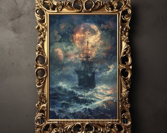 May include: A framed painting depicting a ship sailing through a stormy sea under a full moon. The ship is silhouetted against the dark clouds and the moon is a bright, glowing orb.