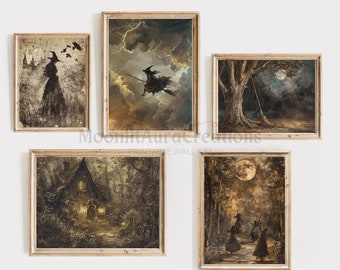 Set di quadri da parete a tema strega, stampe dark academia, set vintage per galleria di Halloween