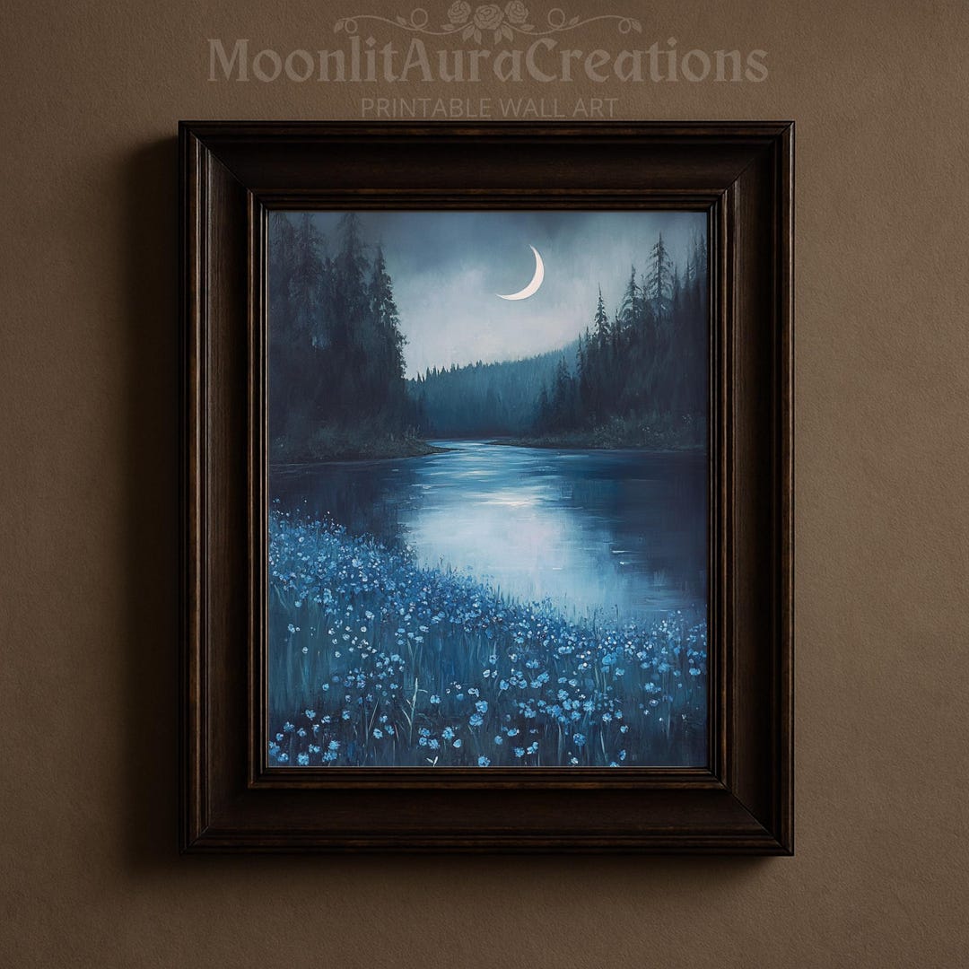 Moonlit Lake Landscape Print Night Forest Wall Art Moody Nature Decor ...