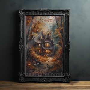 Impresión digital de cabaña de Halloween embrujada / Arte de pared gótico / Decoración de academia oscura / Escena encantada vintage / Cartel de otoño etéreo