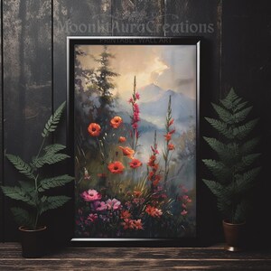Wildflowers in Mountain Sunset Print | Cottagecore Wall Art | Ethereal Nature Decor | Botanical Landscape Poster | Whimsical Floral Scene