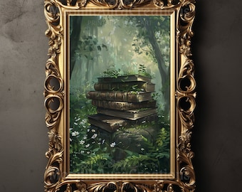 May include: A framed print featuring a stack of old books overgrown with greenery, set in a lush forest scene. The books are brown, and the frame is ornate gold. The print has a vintage, fantasy aesthetic.