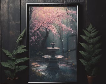 Lámina decorativa para pared con estampado de fuente de cerezos en flor, paisaje de jardín primaveral, estilo vintage.