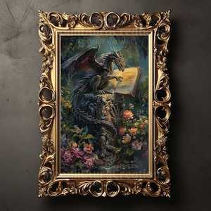 Verzauberter lesender Drache im Blumengarten drucken | Fantasy Wandkunst | Gothic Dekor | Academia Poster | Originelles Blumen Kunstwerk