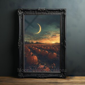 Impresión de calabazas a la luz de la luna / Arte de pared gótico / Decoración de Dark Academia / Escena de cosecha vintage / Póster de otoño etéreo