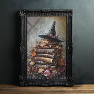 May include: A painting depicting a witch's hat perched on top of a pile of aged, leather-bound books. The books are adorned with dried flowers and foliage, creating a whimsical and magical scene.