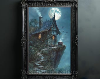May include: A framed illustration depicting a stone cottage perched on a cliff overlooking a misty valley. The cottage has a thatched roof and a chimney with smoke rising from it. A full moon hangs in the night sky, casting an ethereal glow on the scene.