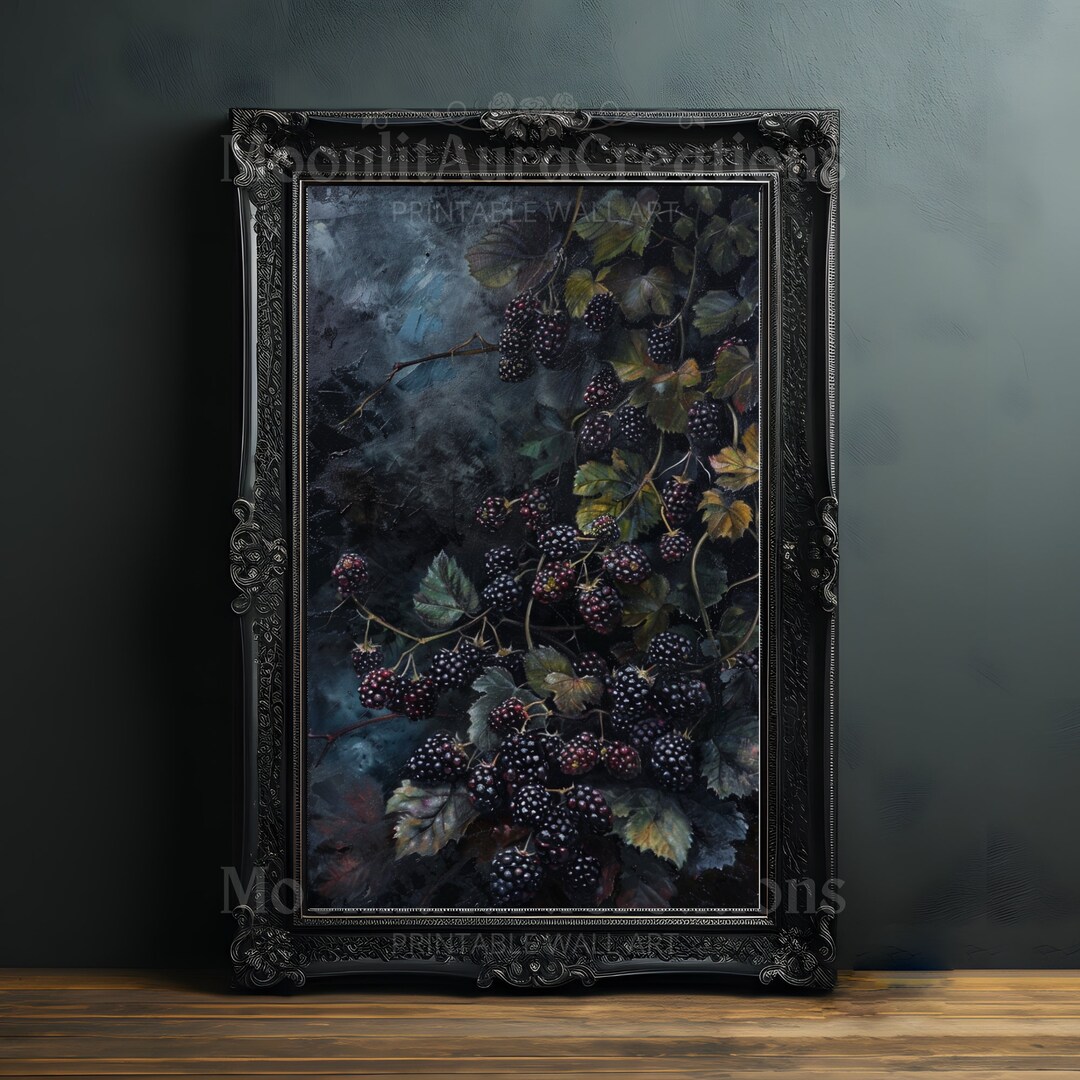 Vintage Raspberry Themed Decor Black Raspberries in Mystical Garden Print | Gothic Wall Art | Dark ...