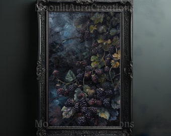 Könnte beinhalten: Gerahmter Druck eines Brombeerzweigs mit dunkelvioletten Beeren und grünen Blättern. Das Kunstwerk ist vor einem dunklen, stimmungsvollen Hintergrund platziert und in einem schwarzen, verzierten Rahmen eingefasst. Der Text "Printable Wall Art" ist sichtbar.