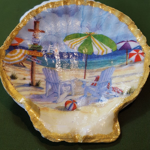 Beach Umbrella Summer Scene Decoupaged Large Scallop Shell with stand