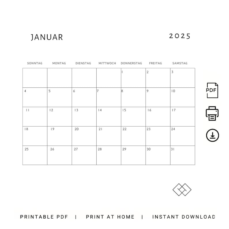  2025 Kalender 2025 German Calendar 2025 PRINTABLE Monthly Calendar in Bildidee 