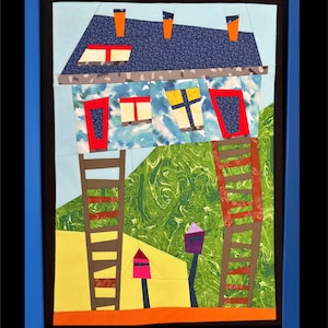 May include: A colorful, abstract quilt depicting a whimsical house with ladders, windows, and chimneys. The house features a blue roof, red-framed windows, and orange chimneys. The text "FPP Pattern Digital PDF" is at the bottom.