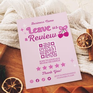 Cherry Hinterlassen Sie uns eine Bewertung für QR-Code-Zeichen Canva-Vorlage, Kundentestimonial-Anfrageflyer, DIY-bearbeitbares Spa-Business-Customer-Printable, Cheri