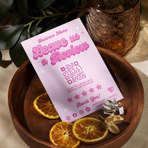Y2K Hinterlassen Sie uns eine Bewertung QR-Code-Zeichen Canva-Vorlage, Kundenempfehlungsanfrage Flyer, DIY bearbeitbarer Salon-Business-Kunde druckbar, Margot