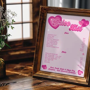 DIY Editable Y2K Aesthetic Beauty Salon Price List template. Price List is written up top surrounded by pink hearts and sparkles. Prices and services written are for hair and nail services. Instantly download and edit in Canva