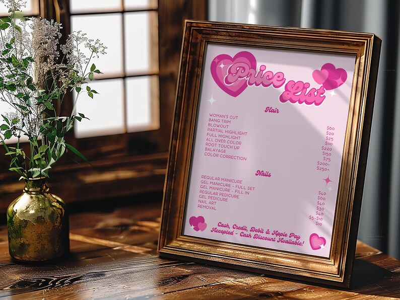 DIY Editable Y2K Aesthetic Beauty Salon Price List template. Price List is written up top surrounded by pink hearts and sparkles. Prices and services written are for hair and nail services. Instantly download and edit in Canva