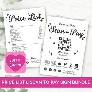 May include: A white price list and a "Scan to Pay" sign with a QR code. The price list includes hair and nail services. The "Scan to Pay" sign lists accepted payment methods. The signs are part of a bundle.