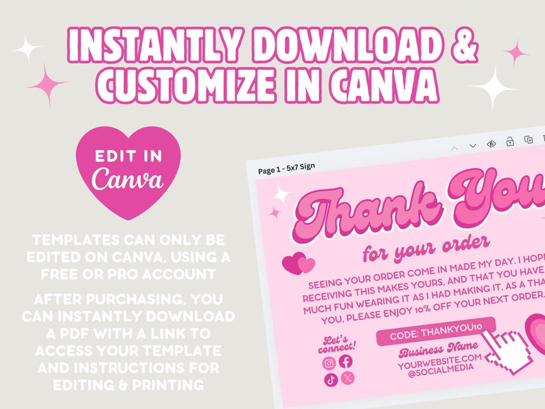 Instantly download and customize DIY Thanks for your Order Postcard Template in Canva. Cards can only be edited on Canva using a free or pro account. After purchase, instantly download a PDF with template link and step-by-step editing instructions.