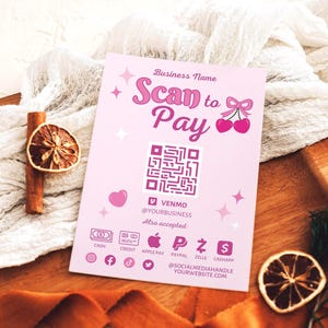 Cherry Scan to Pay QR Code Sign Canva Template, Editável Imprimível DIY Pagamento Aceito Venmo CashApp Zelle Spa Business Vendor Flyer, Cheri